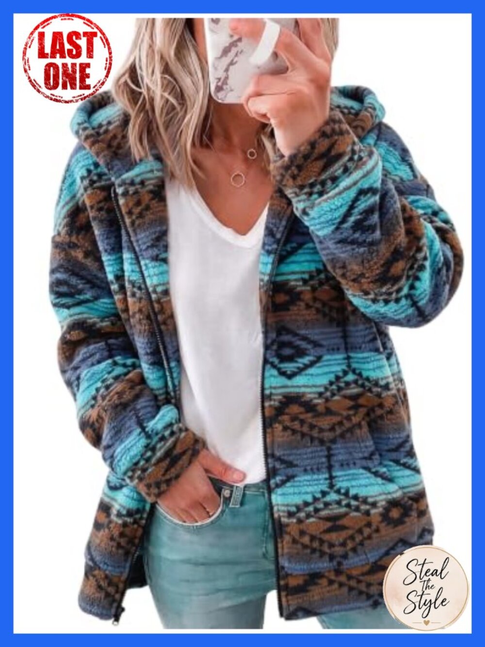 Western Aztec Print Zip Up Sherpa Fleece Hoodie Sweatshirt